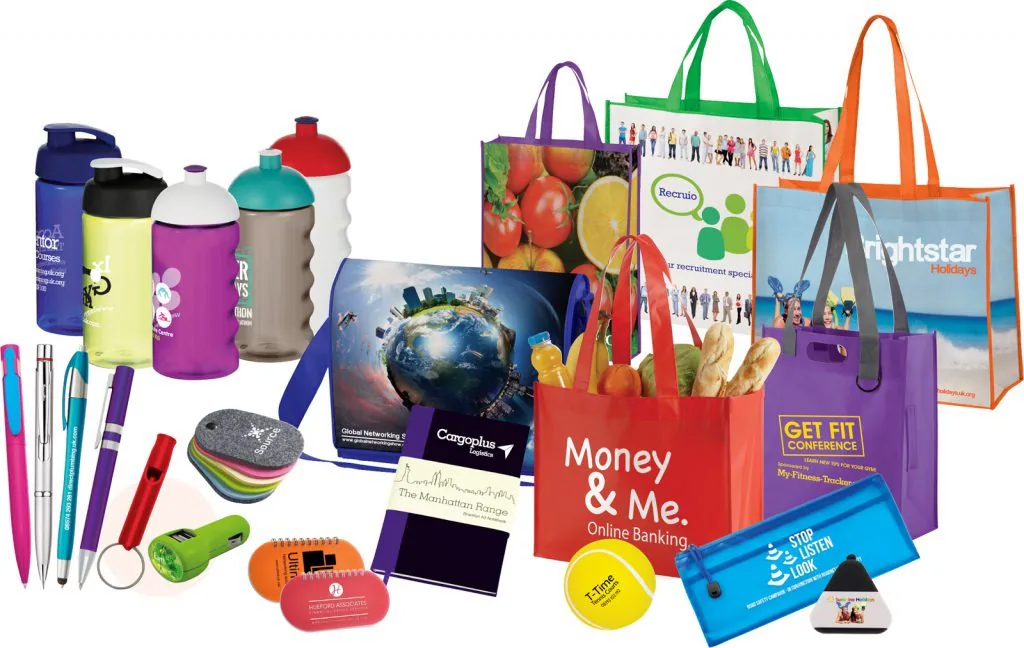 A selection of printed and branded promotional products
